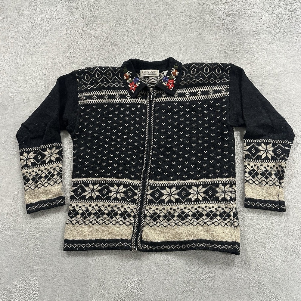 Karen Scott Jacket Women L Full Zip Cardigan Sweater Wool Blend Fair Isle Nordic